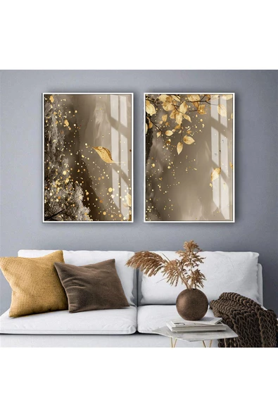 Harikabirev HARİKABİREV|KAHVERENGİ-GOLD SOYUT YAPRAK KOMBİNİ|TEMPERLİ ÇERÇEVELİ CAM TABLO  2Lİ DİKEY ürün görseli