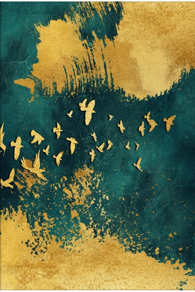 Harikabirev HARİKABİREV|YEŞİL-GOLD KUŞLAR KOMBİNİ |ÇERÇEVELİ CAM TABLO  3LÜ DİKEY - Resim 3