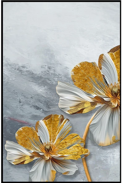 Harikabirev HARİKABİREV|GOLD-GRİ ÇİÇEK KOMBİNİ II |TEMPERLİ ÇERÇEVELİ CAM TABLO  2Lİ DİKEY - Resim 4