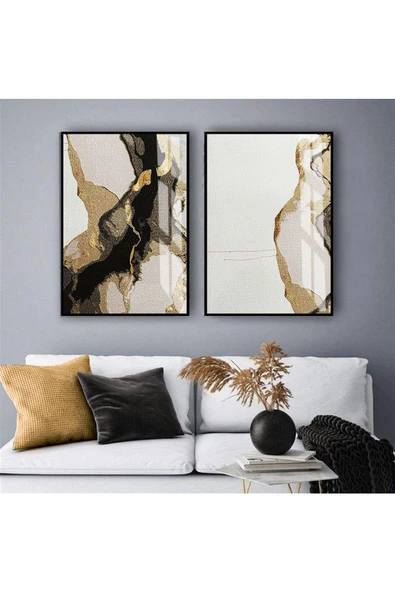 Harikabirev HARİKABİREV|SİYAH-BRONZ SOYUT KOMBİNİ |TEMPERLİ ÇERÇEVELİ CAM TABLO  2Lİ DİKEY ürün görseli