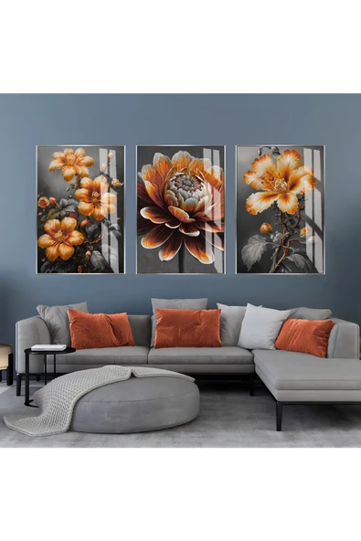 Harikabirev HARİKABİREV|TURUNCU-GRİ ÇİÇEKLİ KOMBİN SETİ |ÇERÇEVELİ CAM TABLO  3LÜ DİKEY ürün görseli