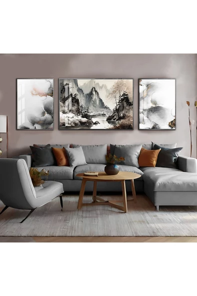 Harikabirev HARİKABİREV|GRİ SOYUT DAĞ MANZARA KOMBİNİ|ÇERÇEVELİ TEMPERLİ CAM TABLO 3LÜ YATAY ürün görseli