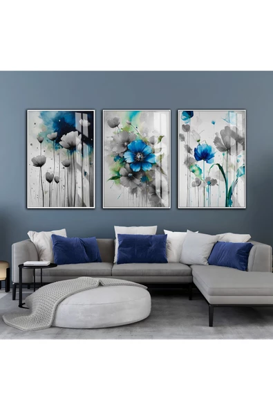 Harikabirev HARİKABİREV|LACİVERT-GRİ ÇİÇEKLİ KOMBİN SETİ |ÇERÇEVELİ CAM TABLO  3LÜ DİKEY ürün görseli