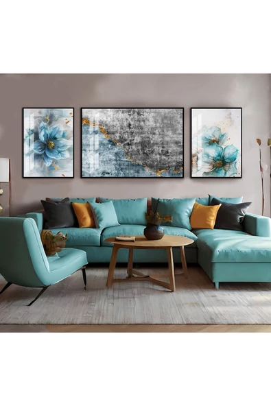 Harikabirev HARİKABİREV|MAVİ-GRİ-GOLD SOYUT ÇİÇEK KOMBİNİ|ÇERÇEVELİ TEMPERLİ CAM TABLO 3LÜ YATAY ürün görseli