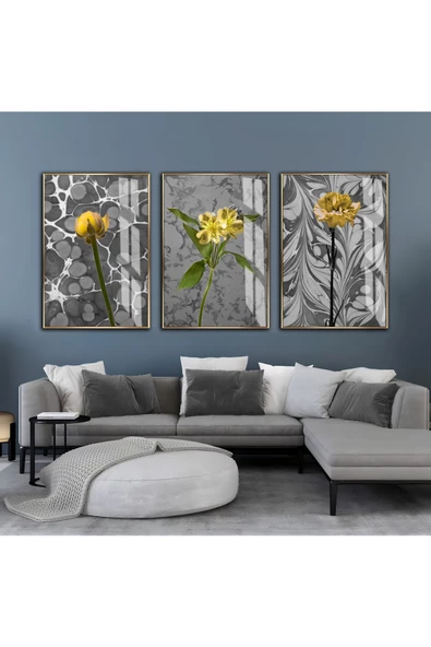 Harikabirev HARİKABİREV|GRİ-SARI EBRULİ DESEN ÇİÇEK KOMBİNİ|ÇERÇEVELİ CAM TABLO  3LÜ DİKEY ürün görseli
