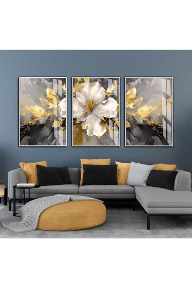 Harikabirev HARİKABİREV|GRİ-GOLD SOFT SOYUT ÇİÇEK KOMBİNİ |ÇERÇEVELİ CAM TABLO  3LÜ DİKEY ürün görseli