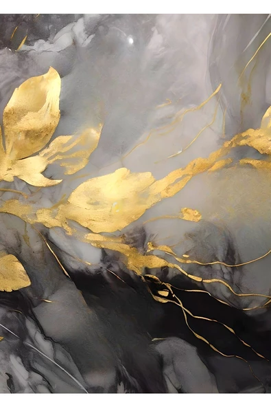 Harikabirev HARİKABİREV|GRİ-GOLD SOFT SOYUT ÇİÇEK KOMBİNİ |ÇERÇEVELİ CAM TABLO 3LÜ DİKEY - 5