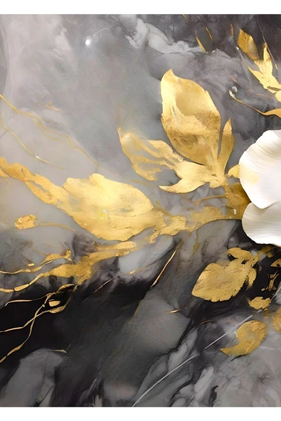 Harikabirev HARİKABİREV|GRİ-GOLD SOFT SOYUT ÇİÇEK KOMBİNİ |ÇERÇEVELİ CAM TABLO  3LÜ DİKEY - Resim 3