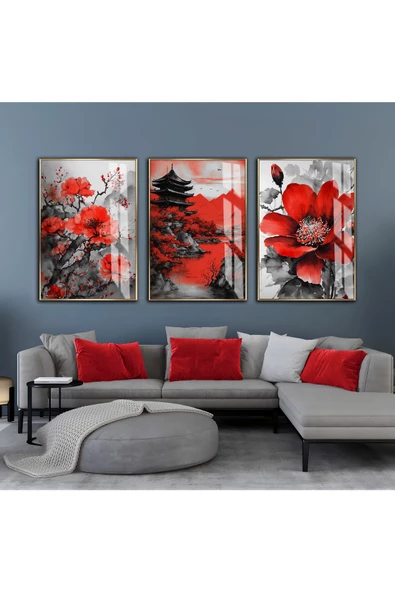Harikabirev HARİKABİREV|KIRMIZI-GRİ ÇİÇEK MANZARA KOMBİNİ |ÇERÇEVELİ CAM TABLO  3LÜ DİKEY ürün görseli