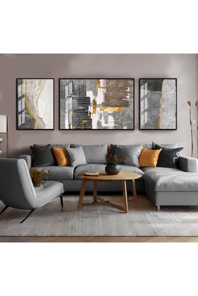 Harikabirev HARİKABİREV|SİYAH-GRİ-GOLD SOYUT ÇİÇEK KOMBİNİ 02 |ÇERÇEVELİ TEMPERLİ CAM TABLO 3LÜ YATAY ürün görseli