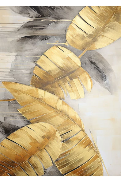 Harikabirev HARİKABİREV|GRİ-SİYAH-GOLD SOYUT YAPRAK KOMBİNİ|ÇERÇEVELİ TEMPERLİ CAM TABLO 3LÜ YATAY - Resim 2