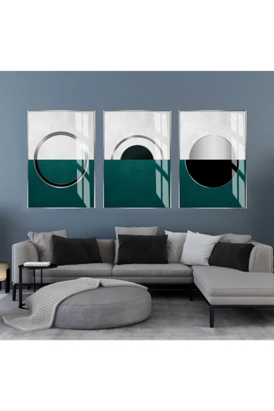 Harikabirev HARİKABİREV|GÜMÜŞ-TURKUAZ SOYUT KOMBİNİ|ÇERÇEVELİ CAM TABLO  3LÜ DİKEY ürün görseli
