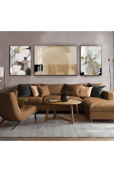Harikabirev HARİKABİREV|BEJ-GOLD-BEYAZ ÇİÇEK KOMBİNİ|ÇERÇEVELİ TEMPERLİ CAM TABLO 3LÜ YATAY ürün görseli