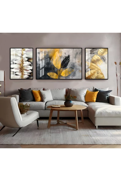 Harikabirev HARİKABİREV|GRİ-SİYAH-GOLD SOYUT YAPRAK KOMBİNİ|ÇERÇEVELİ TEMPERLİ CAM TABLO 3LÜ YATAY ürün görseli