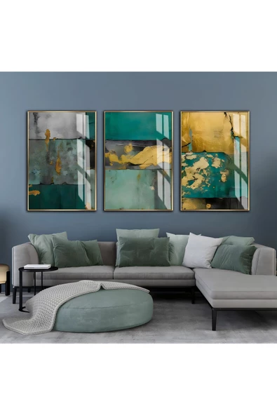 Harikabirev HARİKABİREV|ZÜMRÜT YEŞİL GOLD RENK ABSTRACT ART |ÇERÇEVELİ CAM TABLO  3LÜ DİKEY