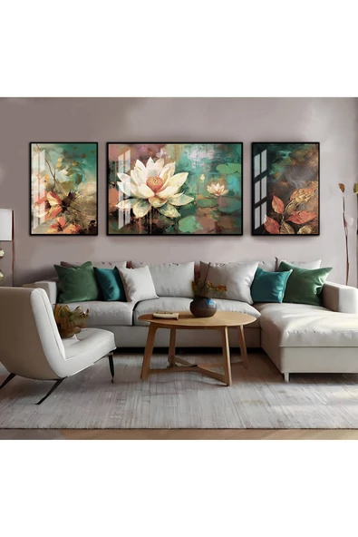 Harikabirev HARİKABİREV|SOFT TURUNCU-YEŞİL ÇİÇEK KOMBİNİ|ÇERÇEVELİ TEMPERLİ CAM TABLO 3LÜ YATAY ürün görseli