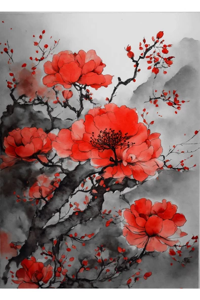 Harikabirev HARİKABİREV|KIRMIZI-GRİ ÇİÇEK MANZARA KOMBİNİ |ÇERÇEVELİ CAM TABLO  3LÜ DİKEY - Resim 2