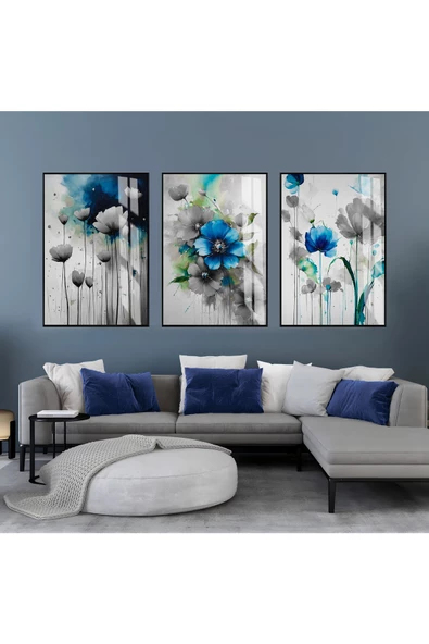 Harikabirev HARİKABİREV|LACİVERT-GRİ ÇİÇEKLİ KOMBİN SETİ |ÇERÇEVELİ CAM TABLO  3LÜ DİKEY ürün görseli