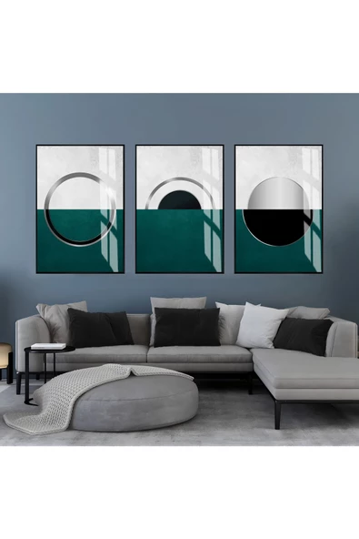 Harikabirev HARİKABİREV|GÜMÜŞ-TURKUAZ SOYUT KOMBİNİ|ÇERÇEVELİ CAM TABLO  3LÜ DİKEY ürün görseli