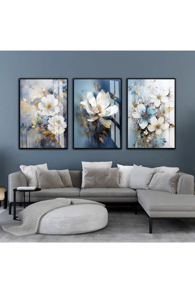 Harikabirev HARİKABİREV|GRİ-MAVİ SOFT ÇİÇEK KOMBİNİ |ÇERÇEVELİ CAM TABLO  3LÜ DİKEY ürün görseli