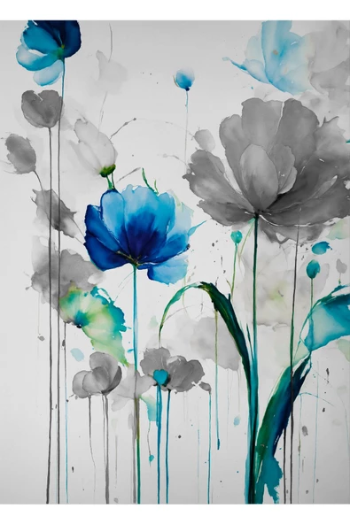 Harikabirev HARİKABİREV|LACİVERT-GRİ ÇİÇEKLİ KOMBİN SETİ |ÇERÇEVELİ CAM TABLO  3LÜ DİKEY - Resim 4