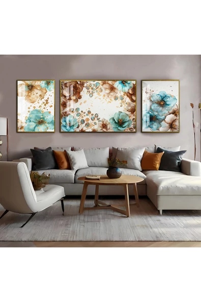 Harikabirev HARİKABİREV|SU YEŞİLİ-KAHVEERENGİ ÇİÇEK KOMBİNİ|ÇERÇEVELİ TEMPERLİ CAM TABLO 3LÜ YATAY ürün görseli