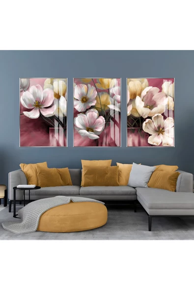 Harikabirev HARİKABİREV|GRİ-PEMBE ÇİÇEKLİ KOMBİN |ÇERÇEVELİ CAM TABLO  3LÜ DİKEY ürün görseli