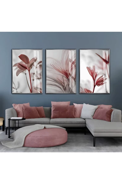 Harikabirev HARİKABİREV|GÜL KURUSU PEMBE RENK SOYUT ÇİÇEK YAPRAK |ÇERÇEVELİ CAM TABLO  3LÜ DİKEY ürün görseli
