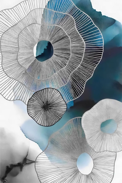 Harikabirev HARİKABİREV|GRİ-MAVİ SOYUT ÇİÇEK KOMBİNİ |ÇERÇEVELİ CAM TABLO  3LÜ DİKEY - Resim 3