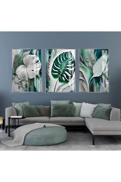 Harikabirev HARİKABİREV|YEŞİL-GRİ YAPRAKLI KOMBİNİ II |ÇERÇEVELİ CAM TABLO  3LÜ DİKEY ürün görseli