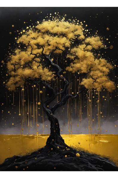 Harikabirev HARİKABİREV|SARI-SİYAH AĞAÇ ÇİÇEK KOMBİNİ I|ÇERÇEVELİ CAM TABLO  3LÜ DİKEY - Resim 3