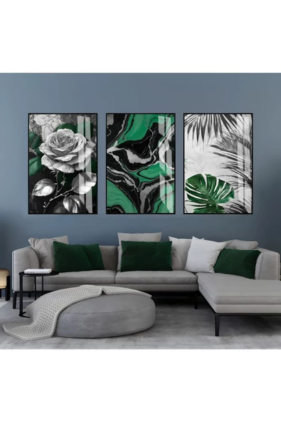 Harikabirev HARİKABİREV|YEŞİL-GRİ SOYUT YAPRAKLI GÜL KOMBİNİ|ÇERÇEVELİ CAM TABLO  3LÜ DİKEY ürün görseli