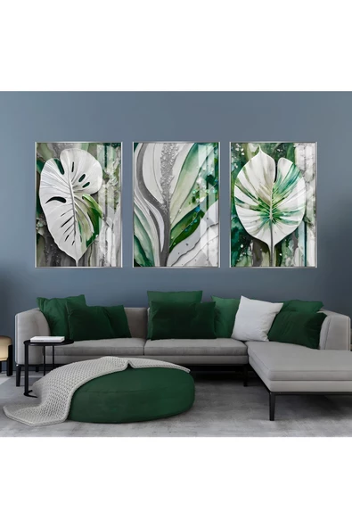 Harikabirev HARİKABİREV|YEŞİL-BEYAZ-GRİ YAPRAKLAR KOMBİNİ II |ÇERÇEVELİ CAM TABLO  3LÜ DİKEY ürün görseli