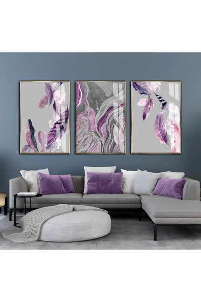 Harikabirev HARİKABİREV|GRİ-MOR SOYUT TÜY KOMBİN SETİ |ÇERÇEVELİ CAM TABLO  3LÜ DİKEY ürün görseli