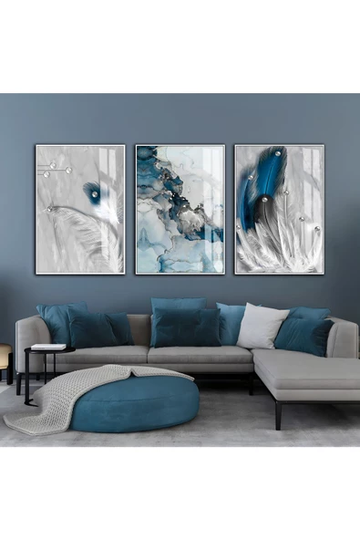 Harikabirev HARİKABİREV|GRİ-LACİVERT SOYUT TÜY KOMBİNİ |ÇERÇEVELİ CAM TABLO  3LÜ DİKEY ürün görseli