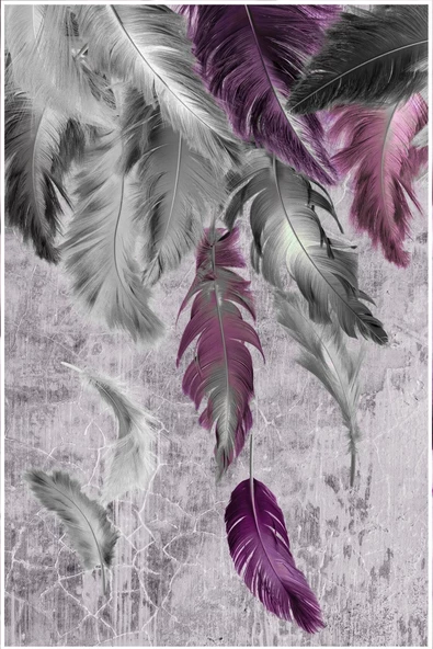 Harikabirev HARİKABİREV|GRİ-MOR ÇİÇEK TÜY KOMBİNİ |ÇERÇEVELİ CAM TABLO  3LÜ DİKEY - Resim 3