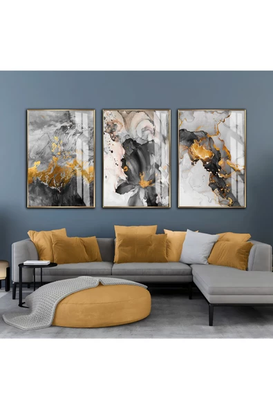 Harikabirev HARİKABİREV|GRİ-GOLD SOYUT ÇİÇEK KOMBİNİ |ÇERÇEVELİ CAM TABLO  3LÜ DİKEY ürün görseli