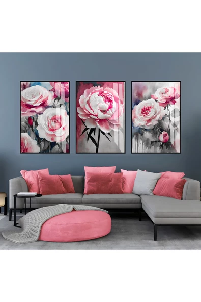 Harikabirev HARİKABİREV|PEMBE-GRİ ÇİÇEKLER KOMBİNİ|ÇERÇEVELİ CAM TABLO  3LÜ DİKEY ürün görseli