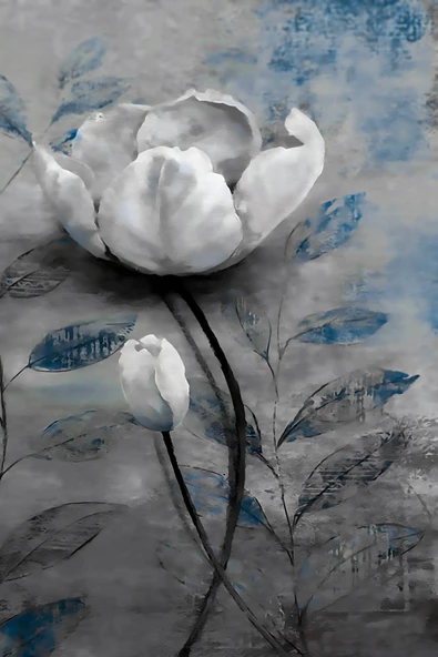 Harikabirev HARİKABİREV|GRİ-MAVİ SOYUT ÇİÇEK KOMBİNİ |ÇERÇEVELİ CAM TABLO  3LÜ DİKEY - Resim 4