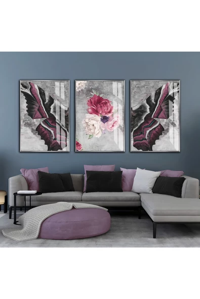 Harikabirev HARİKABİREV|GRİ-MÜRDÜM ÇİÇEK KANAT KOMBİNİ  |ÇERÇEVELİ CAM TABLO  3LÜ DİKEY ürün görseli