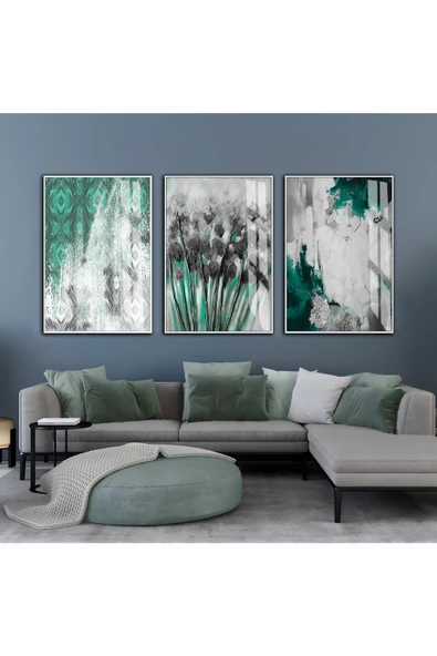 Harikabirev HARİKABİREV|GRİ-YEŞİL SOYUT DESEN ÇİÇEK KOMBİNİ|ÇERÇEVELİ CAM TABLO  3LÜ DİKEY ürün görseli