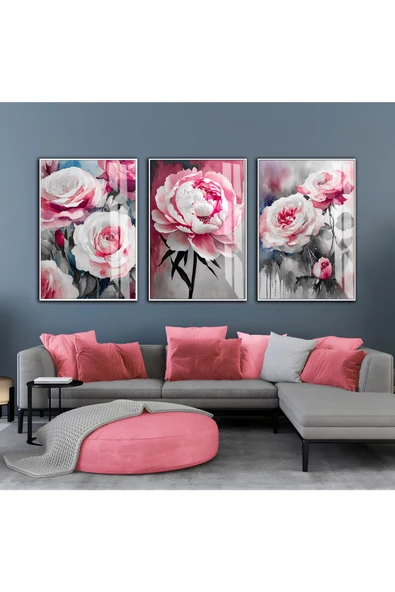 Harikabirev HARİKABİREV|PEMBE-GRİ ÇİÇEKLER KOMBİNİ|ÇERÇEVELİ CAM TABLO  3LÜ DİKEY ürün görseli