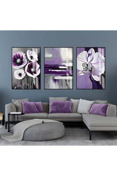 Harikabirev HARİKABİREV|MOR-GRİ SOYUT ÇİÇEK KOMBİNİ III |ÇERÇEVELİ CAM TABLO  3LÜ DİKEY ürün görseli