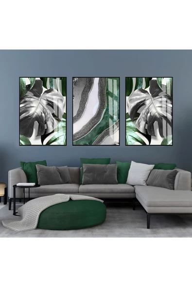 Harikabirev HARİKABİREV|GÜMÜŞ-YEŞİL SOYUT YAPRAK KOMBİNİ|ÇERÇEVELİ CAM TABLO 3LÜ DİKEY