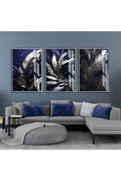 Harikabirev HARİKABİREV|LACİVERT-GÜMÜŞ YAPRAKLI KOMBİNİ|ÇERÇEVELİ CAM TABLO  3LÜ DİKEY ürün görseli