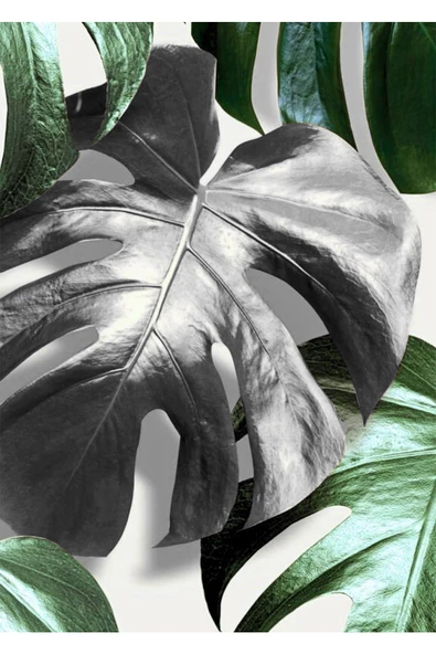 Harikabirev HARİKABİREV|GÜMÜŞ-YEŞİL SOYUT YAPRAK KOMBİNİ|ÇERÇEVELİ CAM TABLO 3LÜ DİKEY - 3