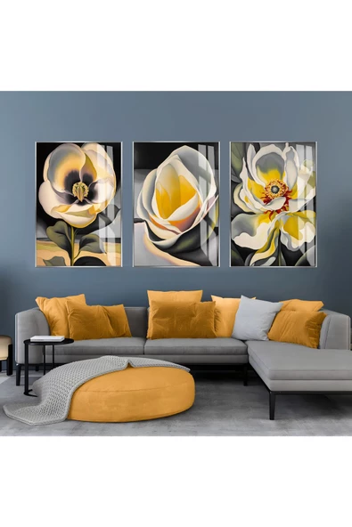 Harikabirev HARİKABİREV|SARI-GRİ ÇİÇEK KOMBİNİ II |ÇERÇEVELİ CAM TABLO  3LÜ DİKEY ürün görseli