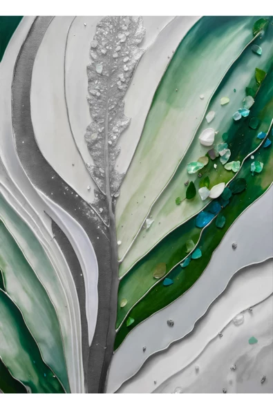 Harikabirev HARİKABİREV|YEŞİL-BEYAZ-GRİ YAPRAKLAR KOMBİNİ II |ÇERÇEVELİ CAM TABLO  3LÜ DİKEY - Resim 4