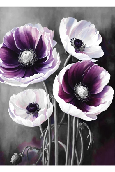 Harikabirev HARİKABİREV|MOR-GRİ SOYUT ÇİÇEK KOMBİNİ III |ÇERÇEVELİ CAM TABLO  3LÜ DİKEY - Resim 3