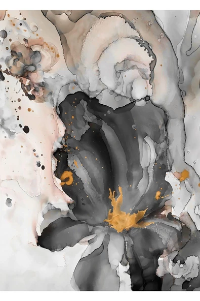 Harikabirev HARİKABİREV|GRİ-GOLD SOYUT ÇİÇEK KOMBİNİ |ÇERÇEVELİ CAM TABLO  3LÜ DİKEY - Resim 3